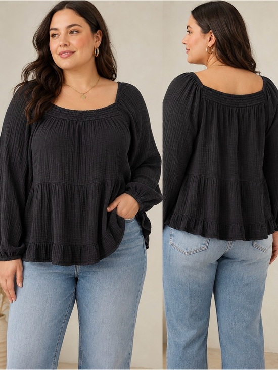 Hayden Tops - Hayden Black Cotton Gauze Peasant Blouse Balloon Sleeve Babydoll Top 1XL
